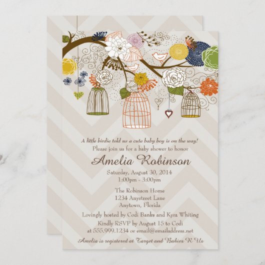 Baby shower Uitnodiging, Bird Cages Tree Bold Colo Kaart (Voorkant / Achterkant)