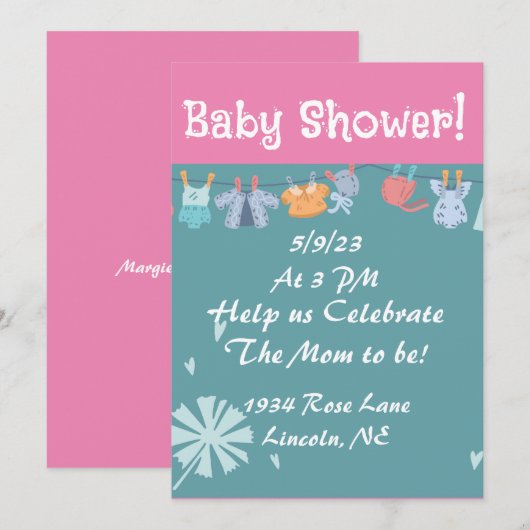 Baby shower Uitnodiging blauw en roze (Voorkant / Achterkant)