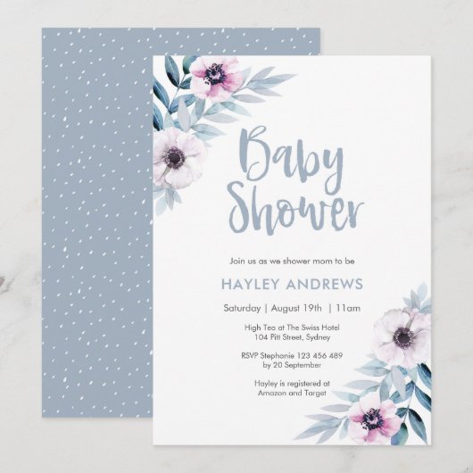Baby shower uitnodiging blauw paarse bloemen (Voorkant / Achterkant)