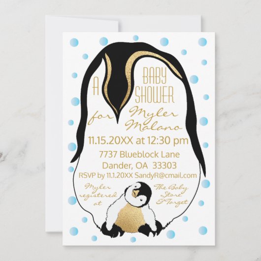 Baby shower Uitnodiging Blauwe Baby & Mama Pinguïn (Voorkant)