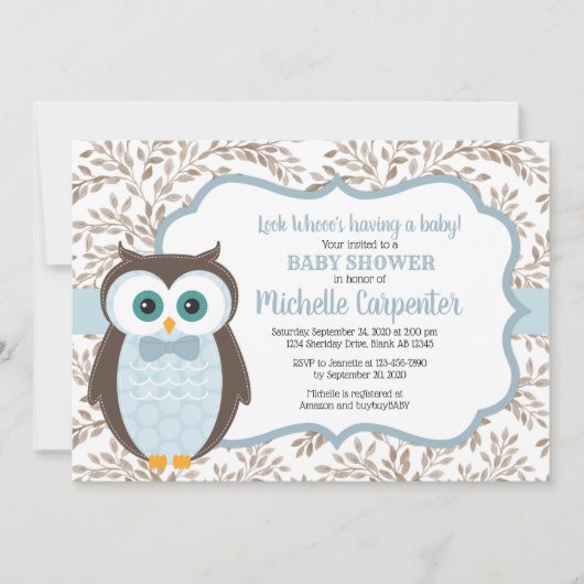 baby shower uitnodiging blauwe bruine uil (Voorkant)