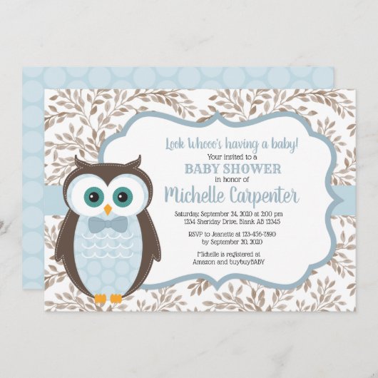 baby shower uitnodiging blauwe bruine uil (Voorkant / Achterkant)