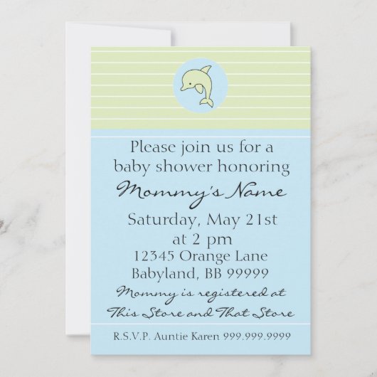 Baby shower Uitnodiging. Blauwe Dolfijn. 5 x 7 inc Kaart (Voorkant)