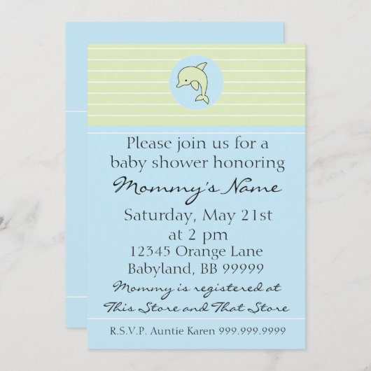 Baby shower Uitnodiging. Blauwe Dolfijn. 5 x 7 inc Kaart (Voorkant / Achterkant)