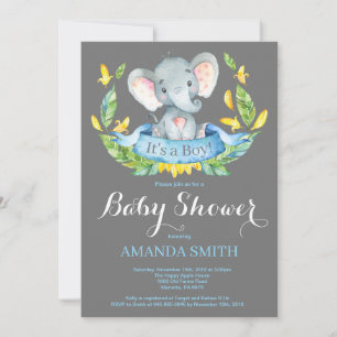 Baby Shower Uitnodiging Blauwe en Grijze Olifant J