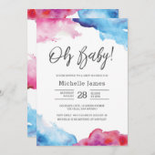 baby shower Uitnodiging | Blauwe en roze waterverf (Voorkant / Achterkant)