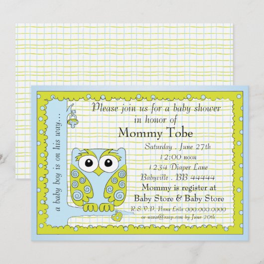 Baby shower Uitnodiging Blauwe Groene Owl (Voorkant / Achterkant)