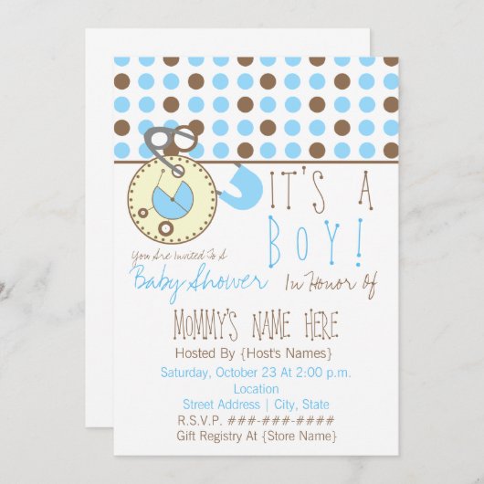 baby shower Uitnodiging - Blauwe luierpop & pooldo (Voorkant / Achterkant)