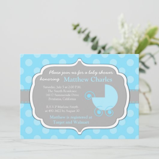 Baby Shower Uitnodiging Blauwe Stippen Jongen (Staand voorkant)