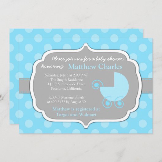 Baby Shower Uitnodiging Blauwe Stippen Jongen (Voorkant / Achterkant)