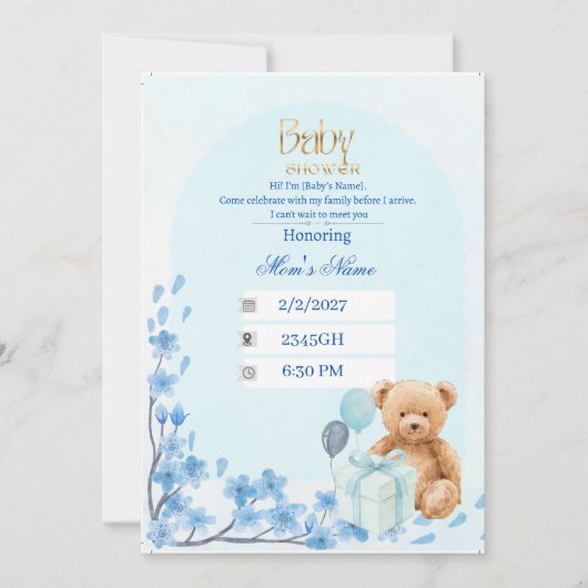 Baby Shower Uitnodiging | Blauwe Teddybeer Bab (Voorkant)
