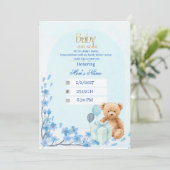 Baby Shower Uitnodiging | Blauwe Teddybeer Bab (Staand voorkant)