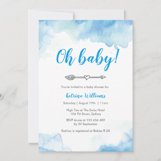 baby shower-uitnodiging Blauwe waterverf-boho-pijl Kaart (Voorkant)