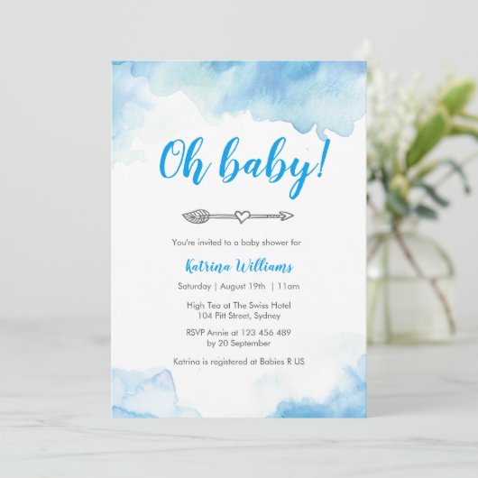 baby shower-uitnodiging Blauwe waterverf-boho-pijl Kaart (Staand voorkant)