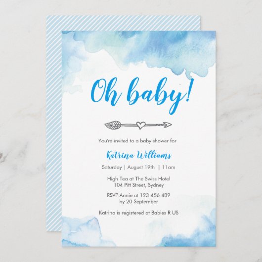 baby shower-uitnodiging Blauwe waterverf-boho-pijl Kaart (Voorkant / Achterkant)