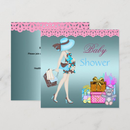 Baby shower Uitnodiging Blauwgroen blauw roze roze (Voorkant / Achterkant)