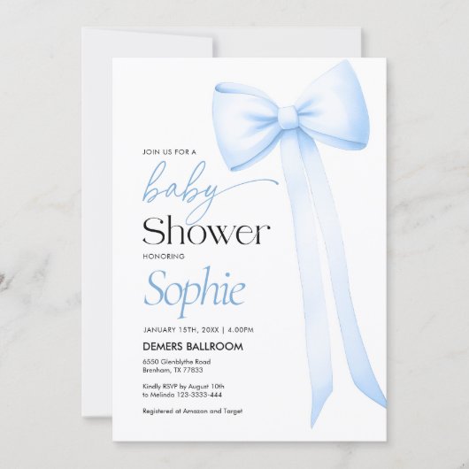 Baby shower Uitnodiging Blue Coquette Bow (Voorkant)