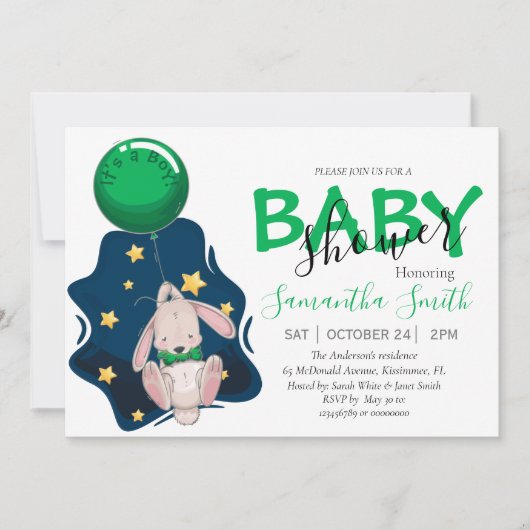 Baby shower-uitnodiging, Boy Rabbit-uitnodiging Aankondiging (Voorkant)