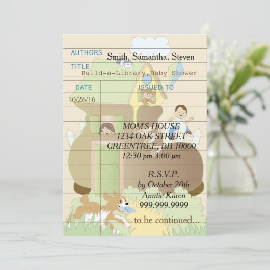 Baby shower uitnodiging "Build-a-Library" Blauw (Staand voorkant)