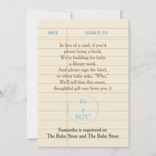 Baby shower uitnodiging "Build-a-Library" Blauw (Achterkant)