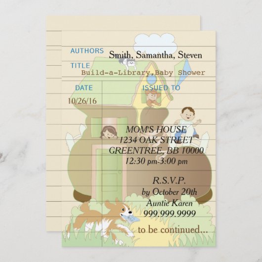 Baby shower uitnodiging "Build-a-Library" Blauw (Voorkant / Achterkant)