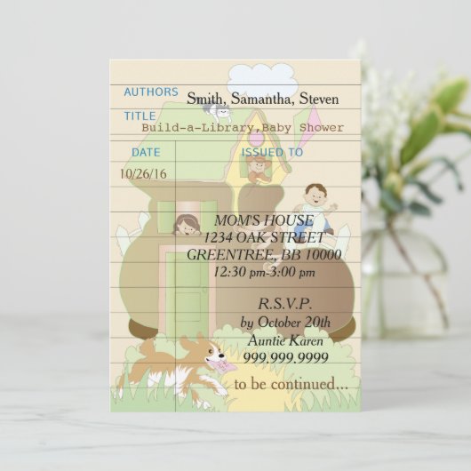 Baby shower uitnodiging "Build-a-Library" Roze (Staand voorkant)