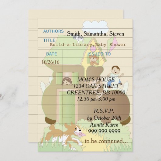Baby shower uitnodiging "Build-a-Library" Roze (Voorkant / Achterkant)