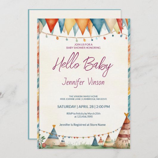 Baby shower Uitnodiging Charmante tipi's (Voorkant / Achterkant)