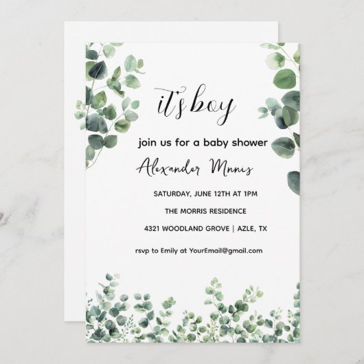 Baby shower uitnodiging, Eucalyptus groen thema Kaart (Voorkant / Achterkant)