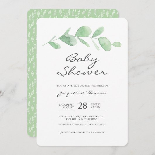 baby shower Uitnodiging | Eucalyptusblad (Voorkant / Achterkant)