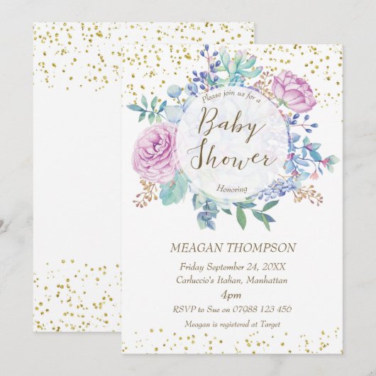 baby shower uitnodiging floral faux gold glitter (Voorkant / Achterkant)
