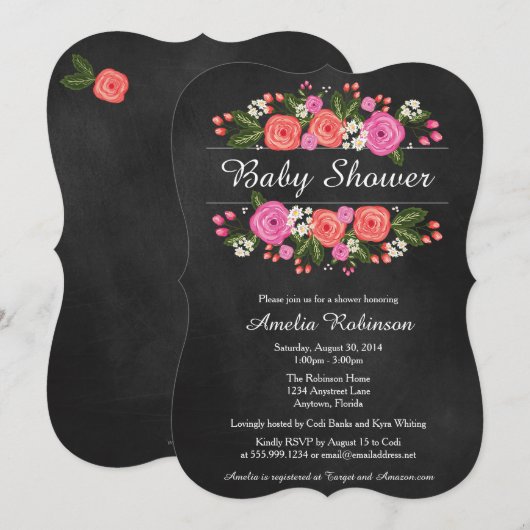 baby shower Uitnodiging, florale krijtbordstijl Kaart (Voorkant / Achterkant)