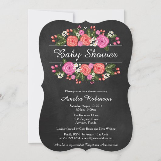 baby shower Uitnodiging, florale krijtbordstijl Kaart (Voorkant)