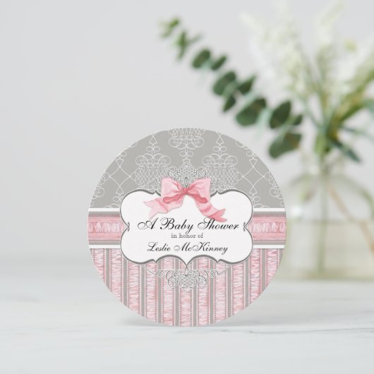 Baby shower Uitnodiging - Franse Bow Damask Swirl (Staand voorkant)