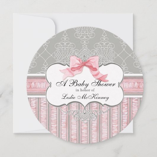 Baby shower Uitnodiging - Franse Bow Damask Swirl (Voorkant)