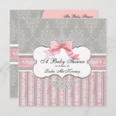 Baby shower Uitnodiging - Franse Bow Damask Swirl (Voorkant / Achterkant)
