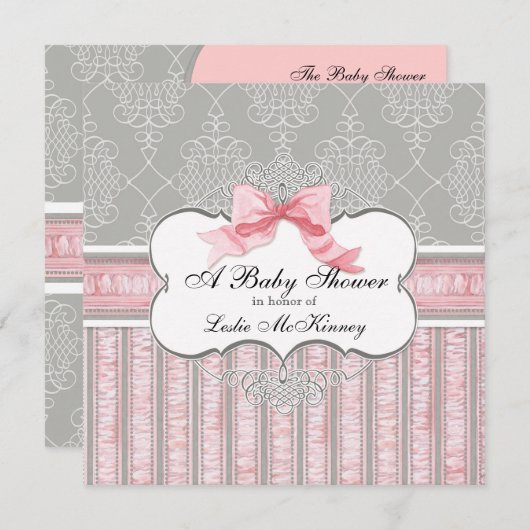 Baby shower Uitnodiging - Franse Bow Damask Swirl (Voorkant / Achterkant)