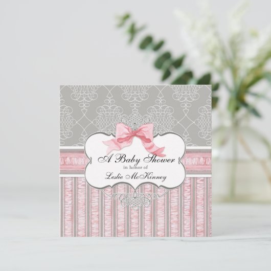 Baby shower Uitnodiging - Franse Bow Damask Swirl (Staand voorkant)