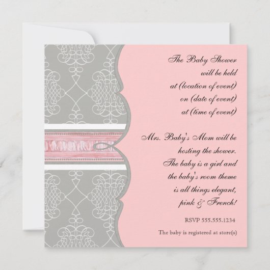 Baby shower Uitnodiging - Franse Bow Damask Swirl (Achterkant)