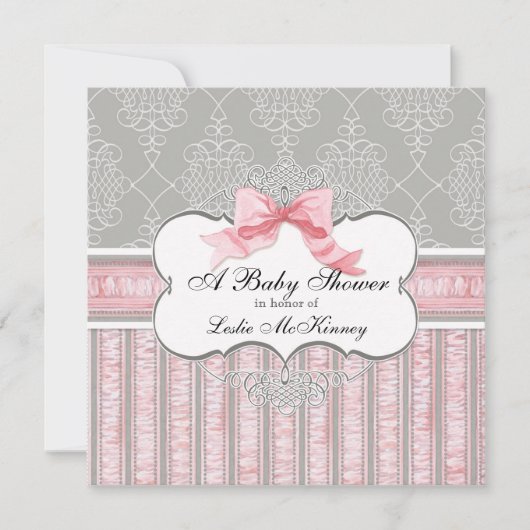 Baby shower Uitnodiging - Franse Bow Damask Swirl (Voorkant)