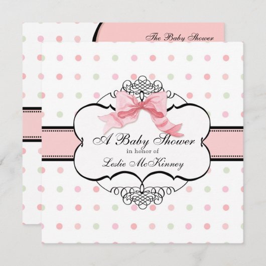 Baby shower Uitnodiging - Franse Bow Dot Swirl (Voorkant / Achterkant)