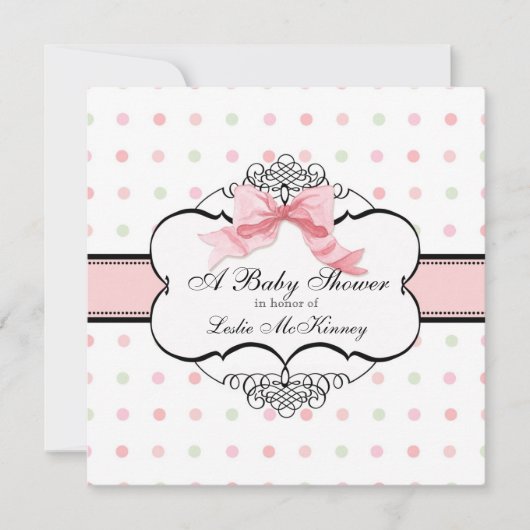 Baby shower Uitnodiging - Franse Bow Dot Swirl (Voorkant)