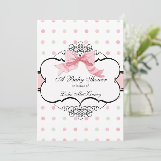 Baby shower Uitnodiging - Franse Bow Dot Swirl (Staand voorkant)