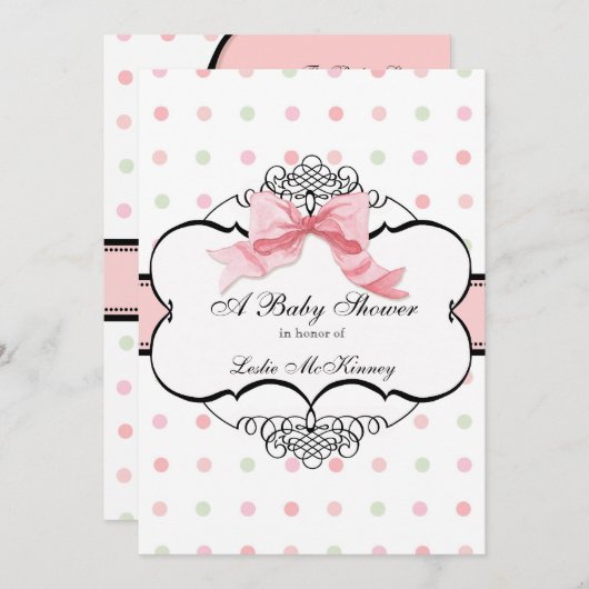 Baby shower Uitnodiging - Franse Bow Dot Swirl (Voorkant / Achterkant)