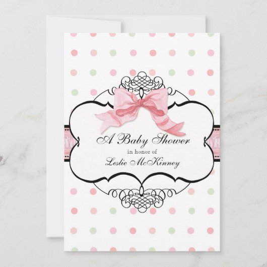 Baby shower Uitnodiging - Franse Bow Dot Swirl vs2 (Voorkant)