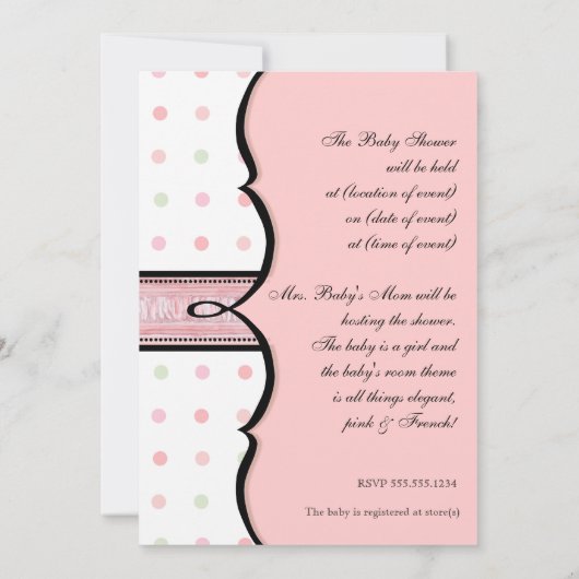 Baby shower Uitnodiging - Franse Bow Dot Swirl vs2 (Achterkant)