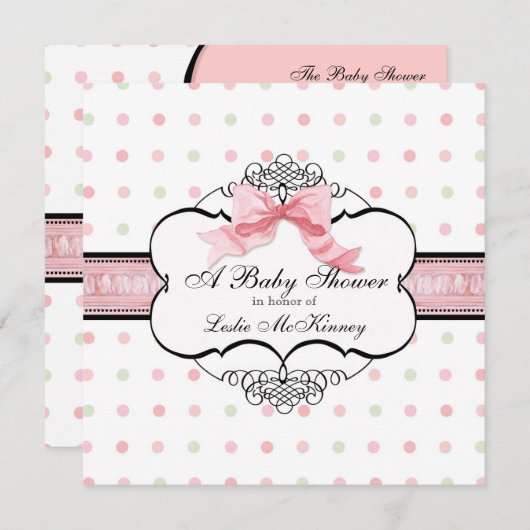 Baby shower Uitnodiging - Franse Bow Dot Swirl vs2 (Voorkant / Achterkant)