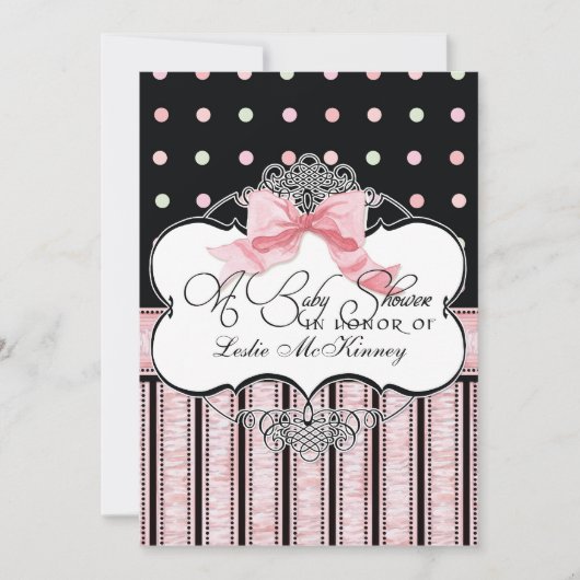 Baby shower Uitnodiging - Franse Bow Dot Swirl vs3 (Voorkant)