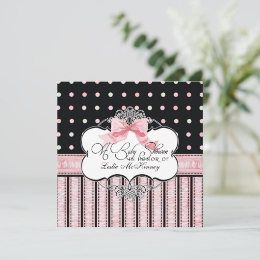 Baby shower Uitnodiging - Franse Bow Dot Swirl vs3 (Staand voorkant)