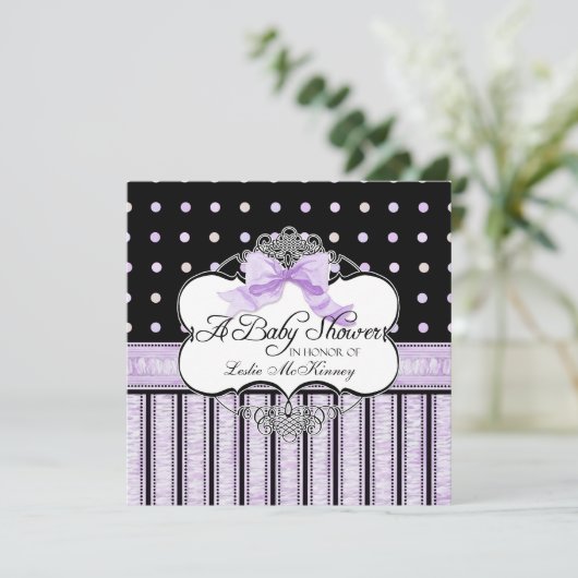 Baby shower Uitnodiging - Franse Bow Dot Swirl vs4 (Staand voorkant)